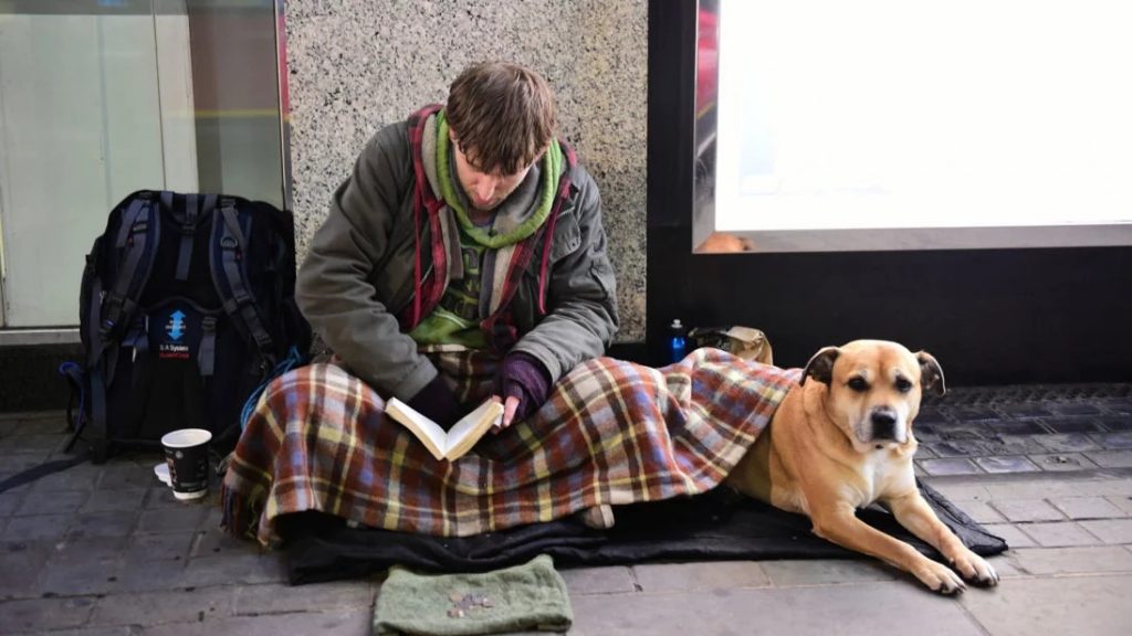 бездомный человек с собакой