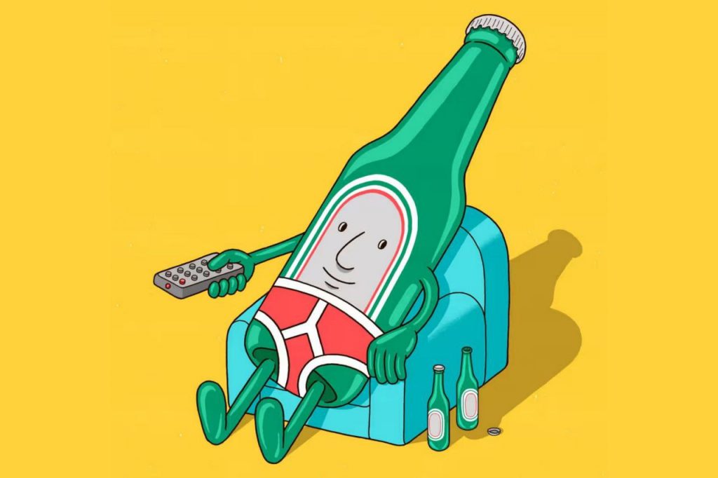 иллюстрация бутылка в трусах на диване